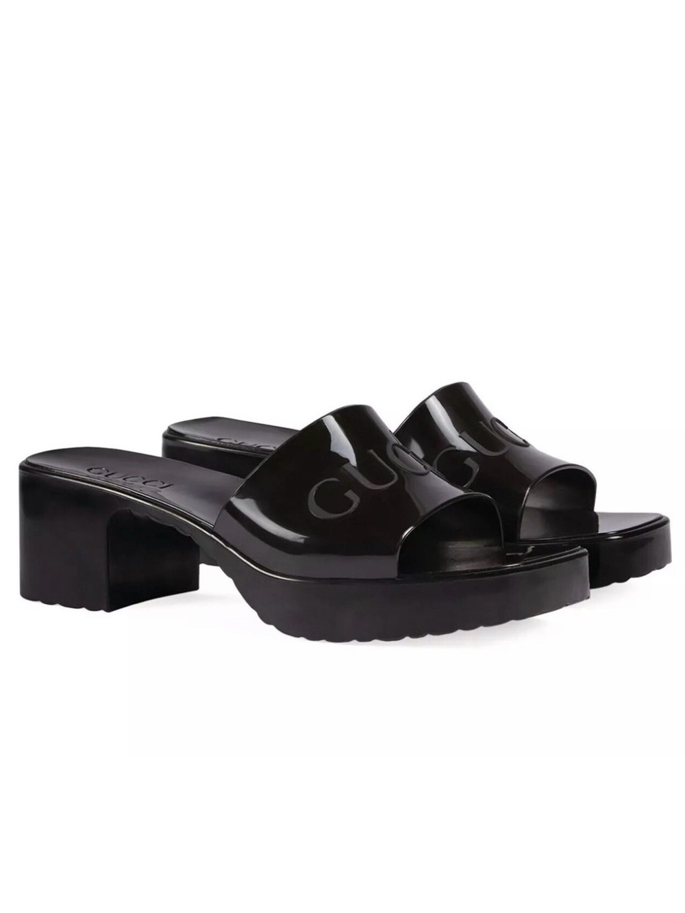Gucci 60mm Rubber Slide Sandal Black Platform Square Toe Size 38 US 8 Resort